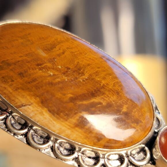 Earthy Sterling Silver Petrified Wood Pendant with Carnelian Drop - Picture 2 of 10